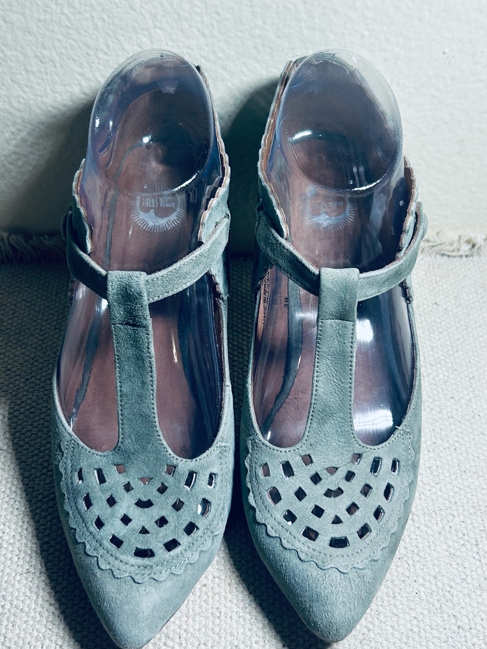 Suede T‑Strap Heels in Sage Green
